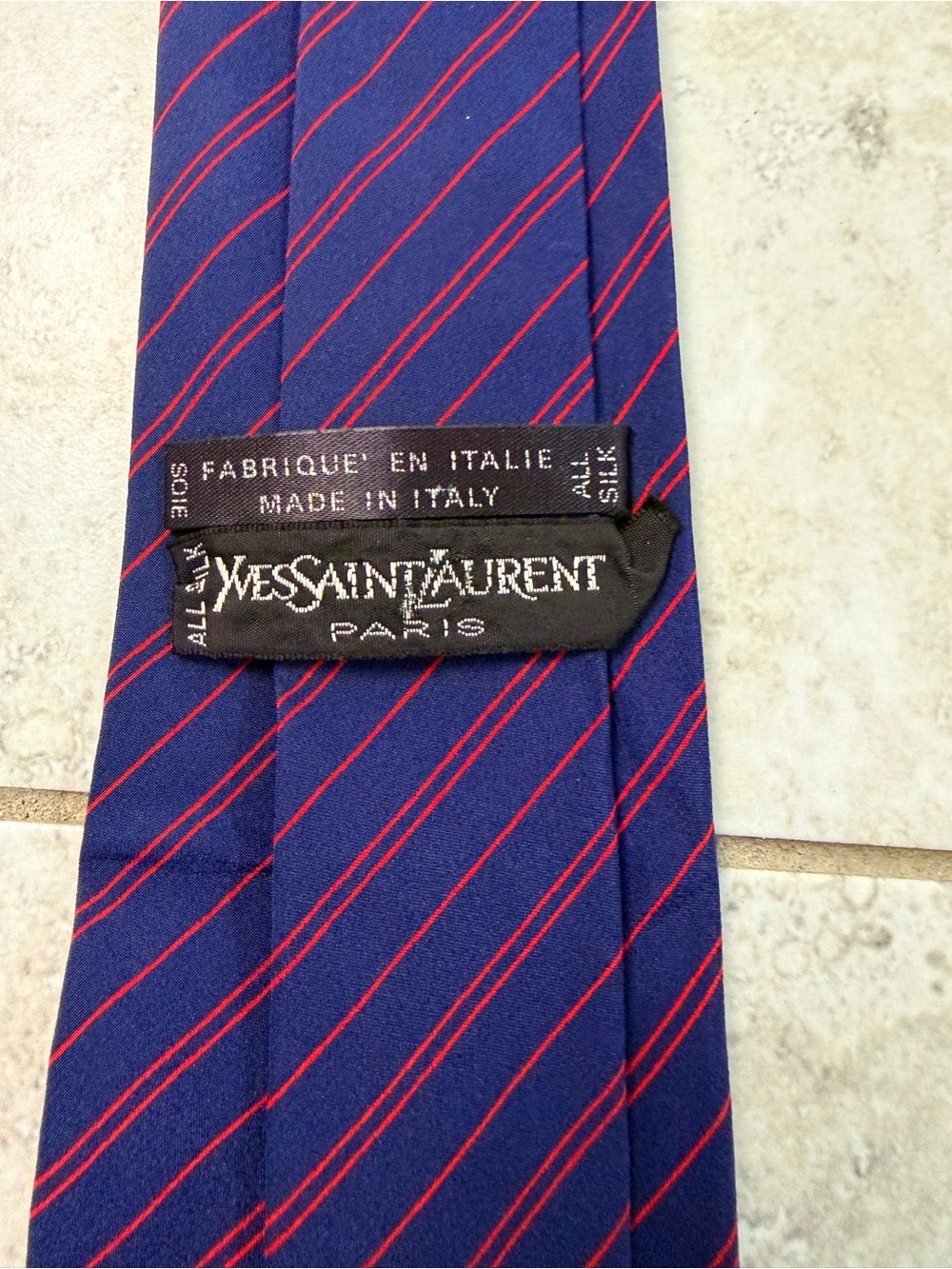 Yves Saint Laurent Paris Silk Tie Navy Blue Red Stripe Italy Designer Mens YSL